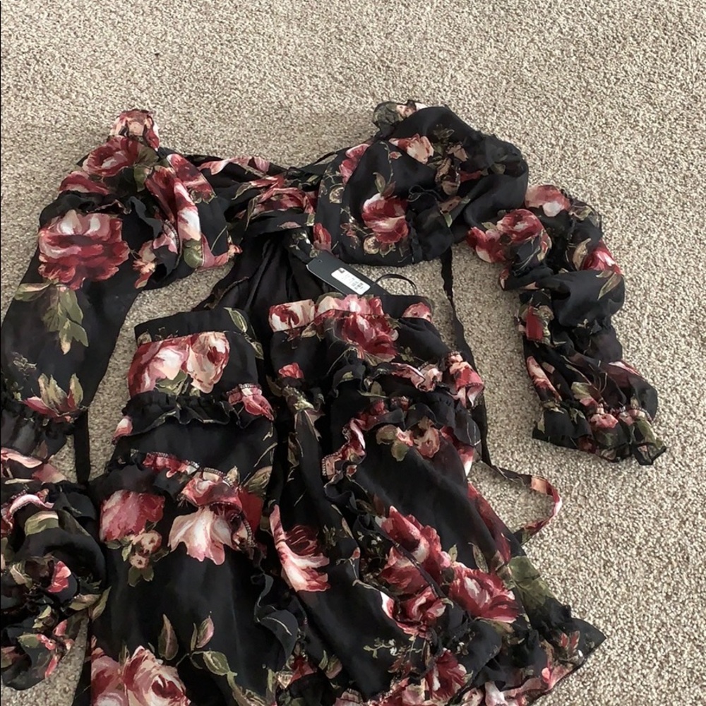 Floral black dress.